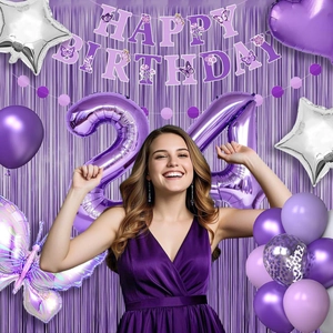 Purple birthday party decoration set with butterfly balloon and foil fringe curtain