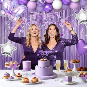 Purple butterfly party set with latex balloons, foil numbers and festive cake toppers