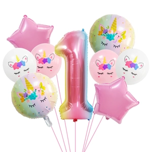 Einhorn-Themen Set zum 1. Geburtstag mit Regenbogen-Zahl 1 und rosa Sternballons