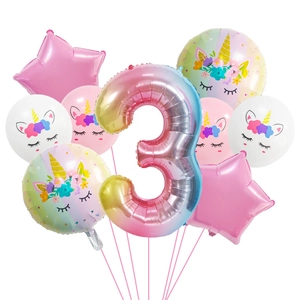 Einhorn Geburtstag Ballon Set mit Regenbogen Nummer 3 und rosa Stern Folienballons
