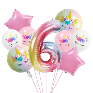 Details zum Einhorn-Partyballon-Set mit Regenbogen-Zahl 6 und Stern-Folienballons
