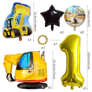 Set de ballons de fête de chantier avec excavatrice, étoile et numéro 1 doré