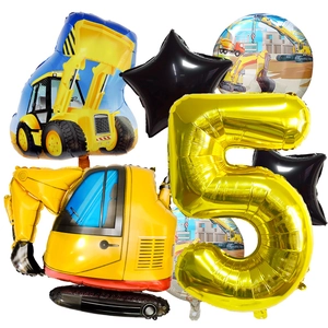 Kit ballons véhicule de chantier avec pelleteuse et chiffre 5 doré pour fête d'enfants