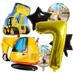 Kit de ballons engins de chantier avec excavatrices et chiffre 7 doré pour anniversaire 7 ans
