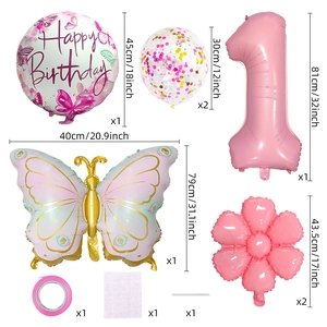 Kit ballons 1er anniversaire papillon rose avec grand chiffre 1 de 32 pouces et fleurs