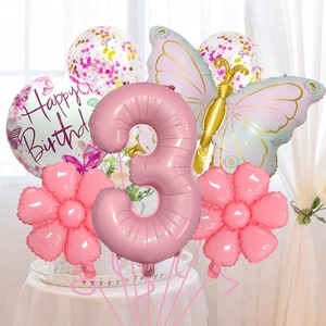 Kit de ballons rose numéro 3 avec papillon et fleurs pour décoration de 3ème anniversaire