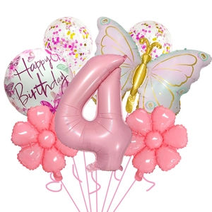 Set de ballons rose chiffre 4 papillon et marguerites pour fête d'anniversaire enfant