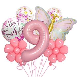 Ballon chiffre 9 rose et papillon en aluminium pour décoration de 9e anniversaire fille
