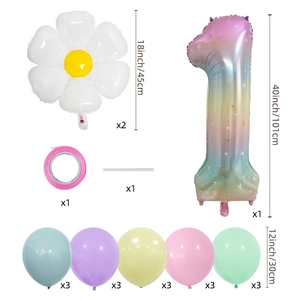 Regenboog nummer 1 ballon set met witte madeliefje en kleurrijke macaron ballonnen