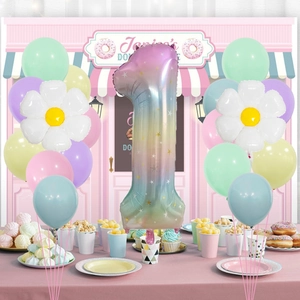 Regenboog gradiënt nummer 1 ballon set met madeliefjes voor verjaardagsfeest decor