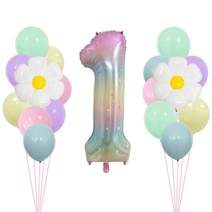 Regenboog nummer 1 ballon set met witte madeliefjes en pastelkleurige latex ballonnen