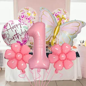 Kit de ballons papillon rose mat avec chiffre 1 géant pour premier anniversaire fille