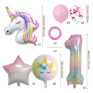 Unicorn theme 1st birthday balloon set with 40-inch rainbow number and foil balloons