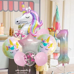 Unicorn themed birthday decoration set with large number 1 foil balloon and unicorn shapes