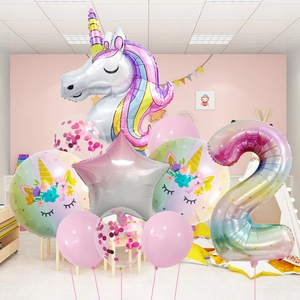 Unicorn theme party balloon set with gradient number 2 and star foil balloons for birthday