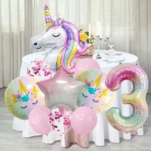 Unicorn theme 3rd birthday balloon set with rainbow gradient number 3 and star foil balloons