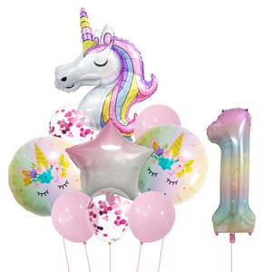 Detailed set of unicorn theme balloons including gradient number 1 and glitter latex