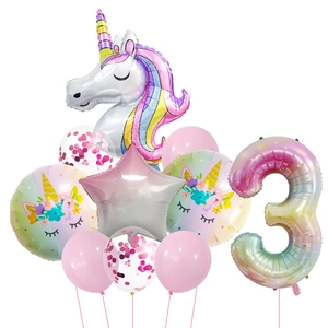 Unicorn themed birthday decoration set with rainbow number 3 balloon and pink stars