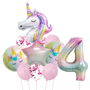 Unicorn theme party balloon set with gradient number 4 and unicorn foil for 4th birthday