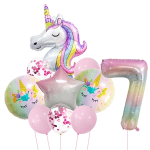 Unicorn theme 7th birthday balloon set with star patterns and rainbow gradient number