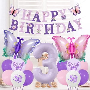 Kit déco 3ème anniversaire papillon avec ballon chiffre 3 violet et bannière joyeux anniversaire