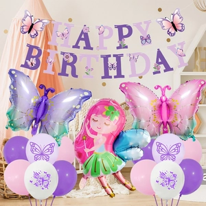 Pastel purple butterfly balloon set for girls birthday party with fairy foil balloons