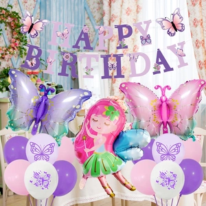 Detail of purple Happy Birthday banner and butterfly fairy foil balloons set