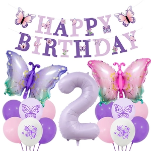 Détails du kit fête 2 ans papillon avec bannières violettes et ballons en aluminium
