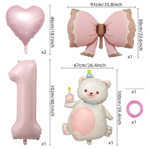 Detail view of pink balloon set including bear, heart, bow, and number 1 with dimensions
