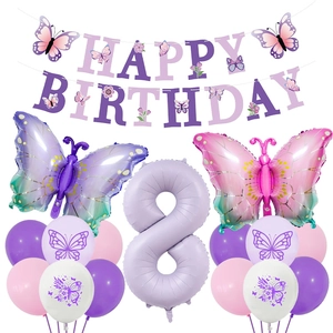 Détail du kit 8e anniversaire avec ballons papillons violets et bannière joyeux anniversaire