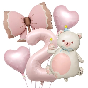 Pink number 2 balloon set with cartoon bear, heart shapes and a large bow tie decoration