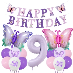 Détails du kit d'anniversaire 9 ans avec ballons papillon violets et bannières roses