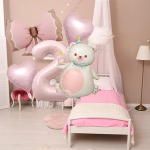 Pink number 2 balloon set with teddy bear and bow for baby girl second birthday party