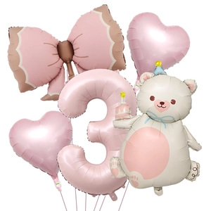 40-inch baby pink number 3 balloon set with cartoon bear, heart and bow foil balloons