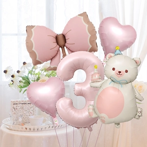 Pink number 3 balloon set with teddy bear, heart balloons and bow for 3rd birthday party