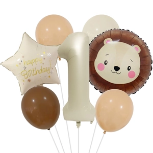 Cremeweißes Set mit Nummer 1 und Löwenkopf-Ballon für den ersten Geburtstag Deko