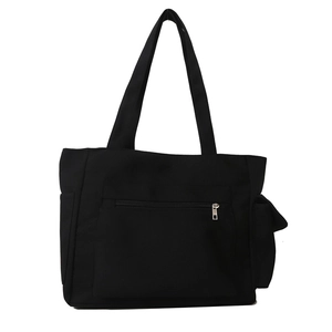 Minimalist large capacity black nylon tote bag with front zipper and side pocket