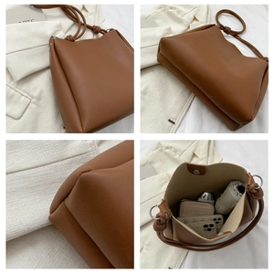 Detailed views of a brown PU leather tote bag featuring unique knot-style shoulder straps