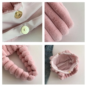 Detailed views of pink faux fur tote bag featuring magnetic snaps and soft plush texture