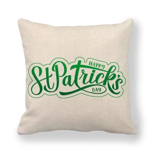 Close-up of linen St. Patrick's Day pillow cover showing textured fabric and green print