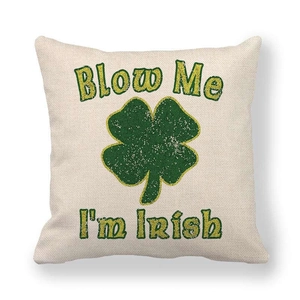 Linen St. Patrick's Day pillow cover with green clover and Blow Me I'm Irish text