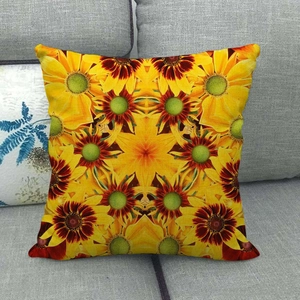 Sunflower mandala pattern linen throw pillow cover on a modern grey sofa