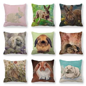 Easter Bunny Linen Throw Pillow Case Vintage Watercolor Rabbit Decorative Cushion Cover For Couch Sofa Home Decor Holiday