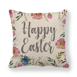 Close-up of linen Happy Easter pillow cover with floral watercolor design and fabric texture