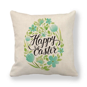 Detailed weave texture of linen cushion cover with mint floral Happy Easter egg design