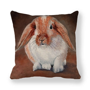 Linen Easter throw pillow cover with a realistic oil painting lop-eared rabbit design