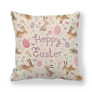 Detailed weave texture of Easter linen pillowcase with Hoppy Easter bunny print