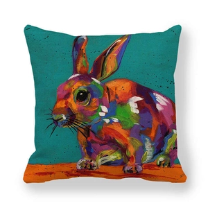 Artistic oil painting style Easter bunny pillow case on a vibrant turquoise backdrop