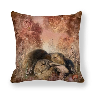 Detailed view of linen pillow cover with Bunny Dreams rabbit illustration by Carol Cavalaris