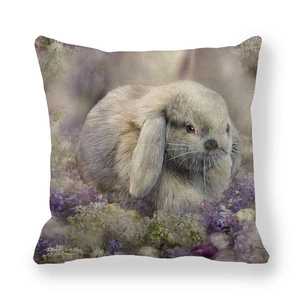 Square linen pillowcase featuring a realistic lop-eared rabbit and purple lilac flowers